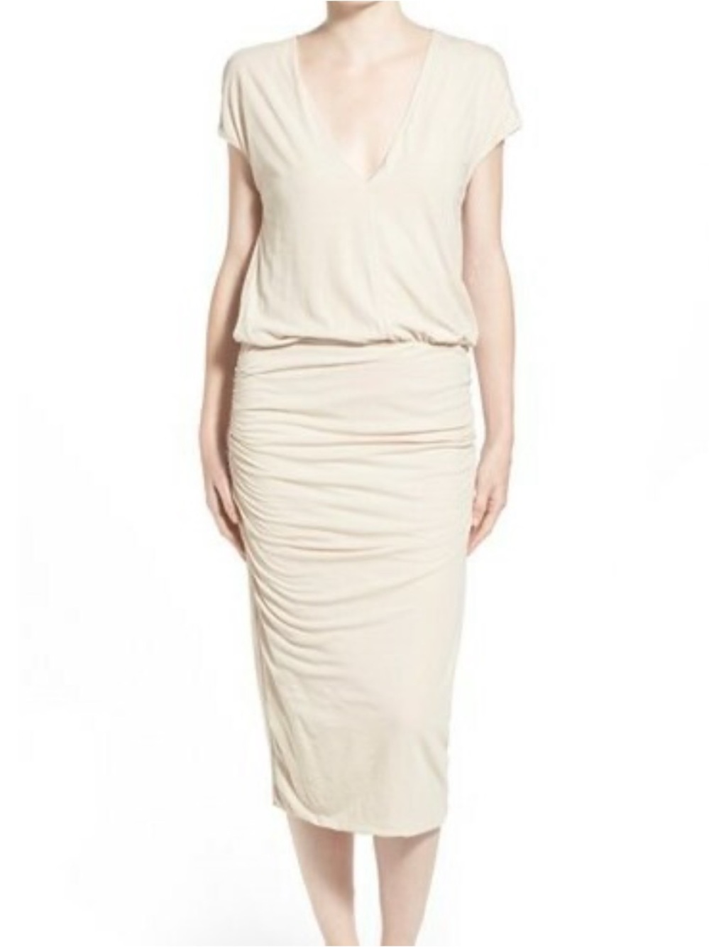 James Perse Cream Ruched Midi dress v neck size 1 small